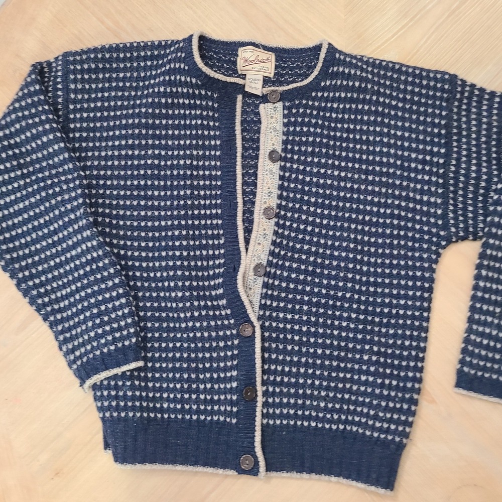 Woolrich Cardigan Women Small Blue Birdseye Floral Trim Knit Sweater